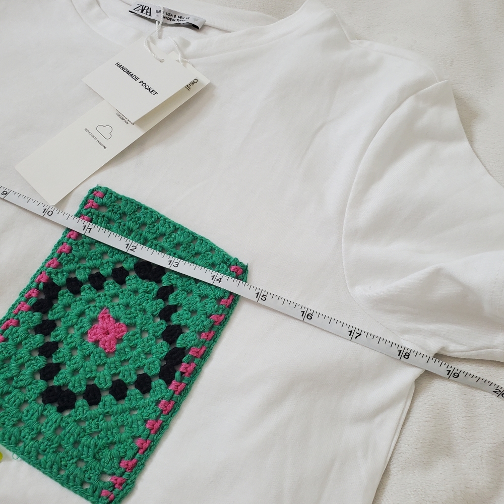 Zara White Cotton T-Shirt, Handmade Knitted Pocket Size S - Picture 6 of 8